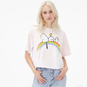 Peanuts Snoopy Woodstock Rainbow Graphic Cropped TShirt Pink Tie Dye M